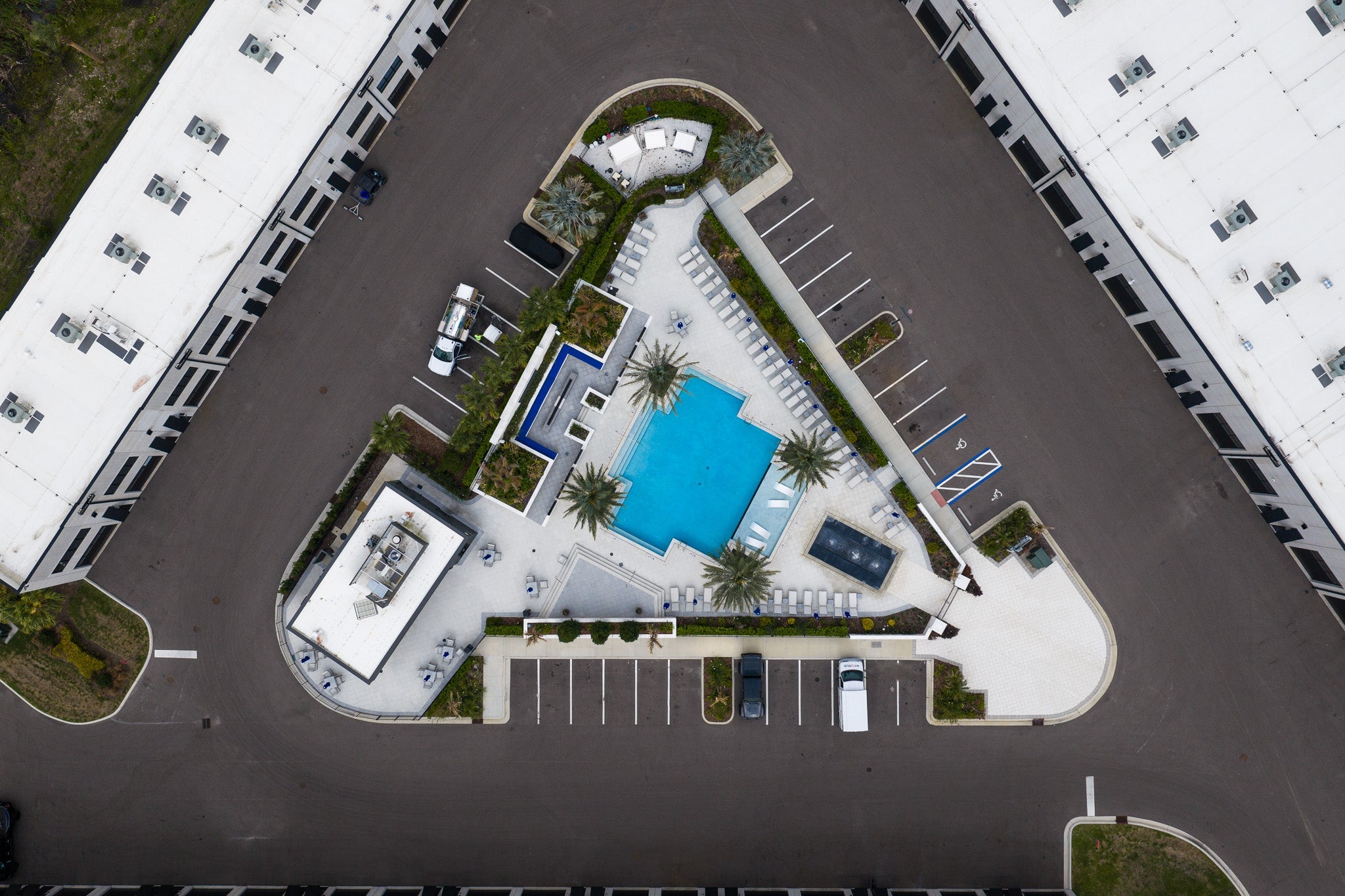 Drone shot of The Motor Enclave pool area