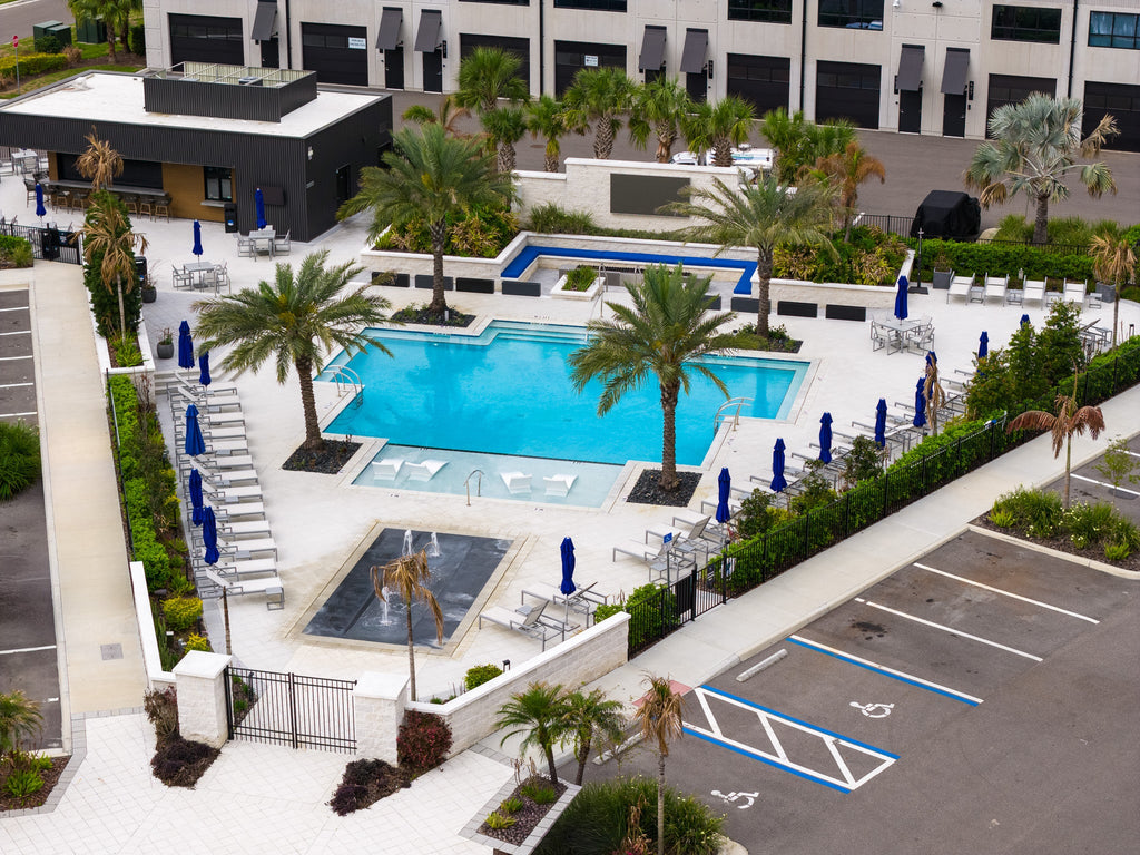 Aerial view of The Motor Enclave pool in Tampa